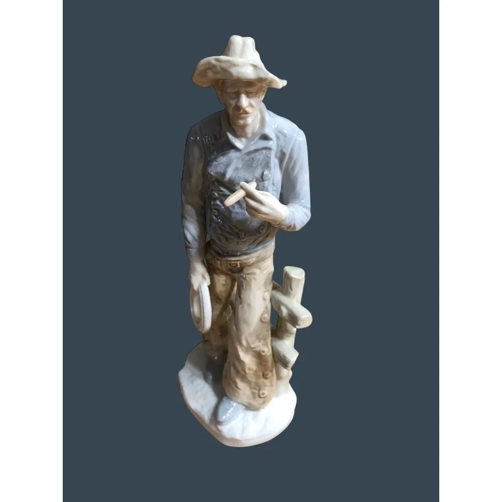 Porcelain Figurine Cowboy Sculpture Hat Cigar Rope Japan Western Rodeo Blue